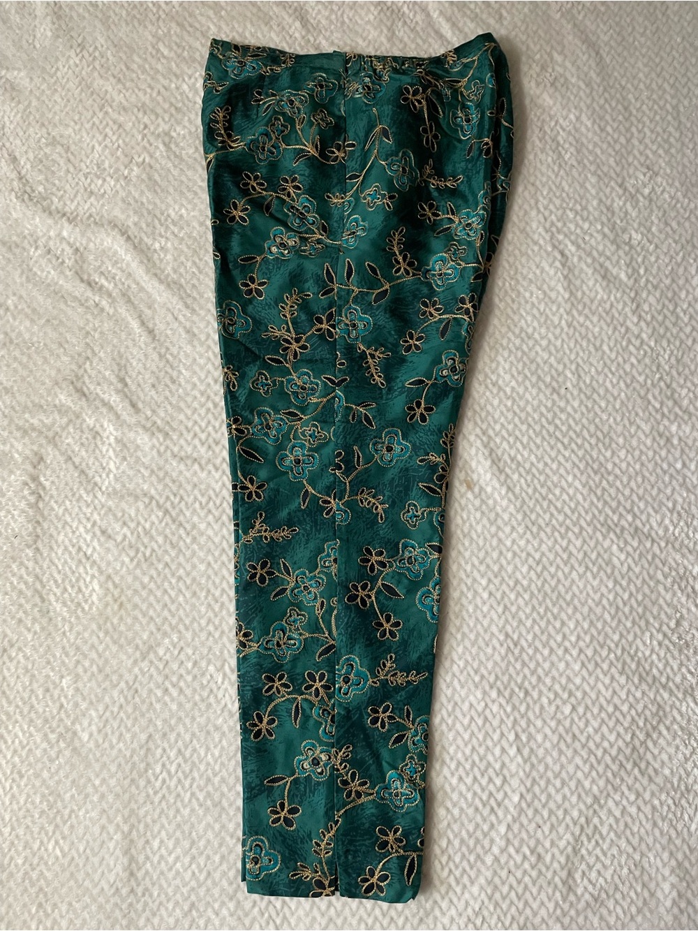 Silkland 100% Silk Trousers Emerald Green Gold Blue Floral Embroidered Size 10